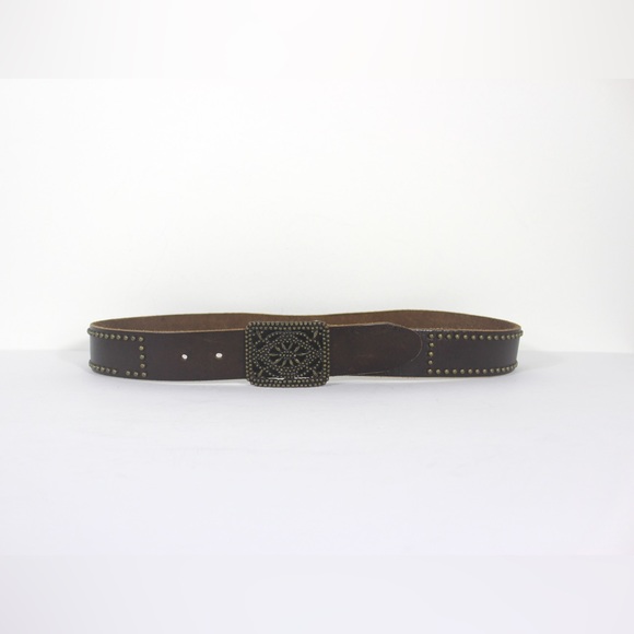 Vintage Studded Brown Leather Belt with Brass Studs and Buckle - Picture 2 of 9
